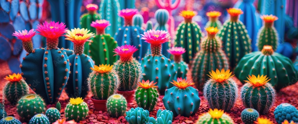 Poster vibrant assortment of colorful cactus varieties with bright flowers in a surreal botanical landscape
