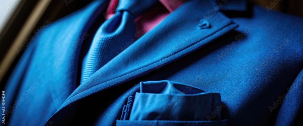 Poster Close-up view of luxurious blue fabric of a suit showcasing intricate texture and elegant design elements with a blurred background effect.