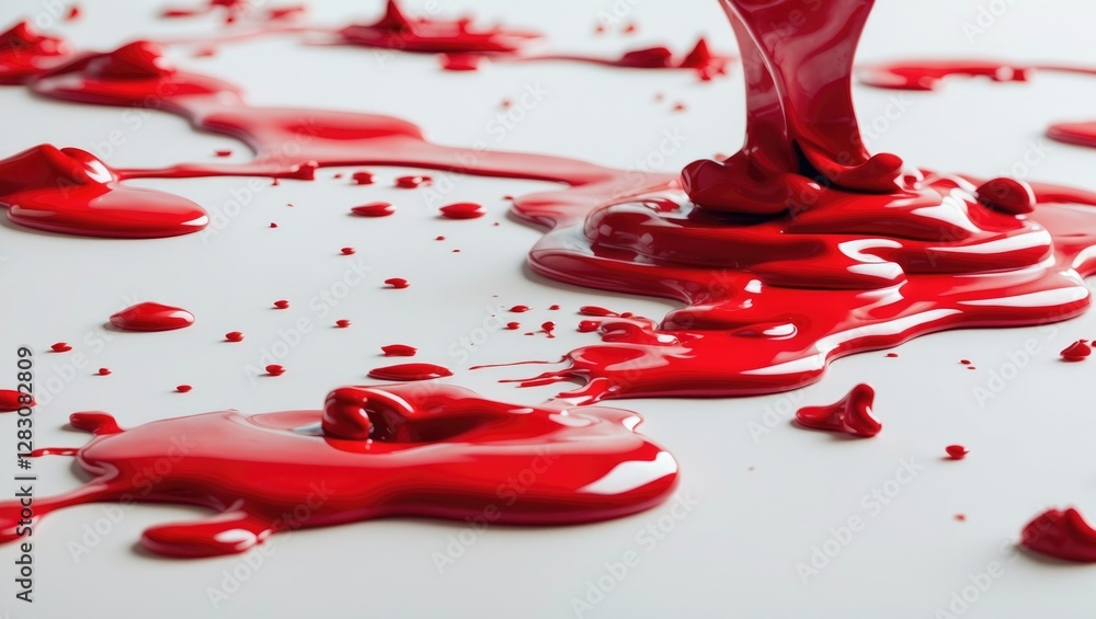 Aufkleber Red paint spilling and pooling on a white surface creating an abstract and vibrant artistic background.