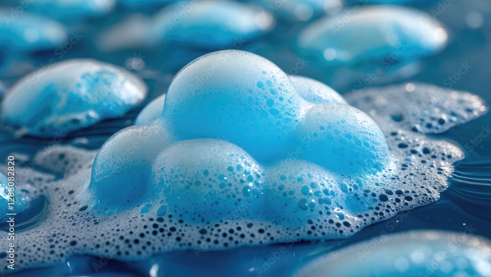 Poster blue soap bubbles on a surface creating a textured foam pattern in a detailed macro shot with soft f