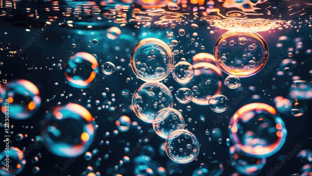 Poster underwater bubbles with colorful reflections in a dark background creating a dynamic and vibrant abs