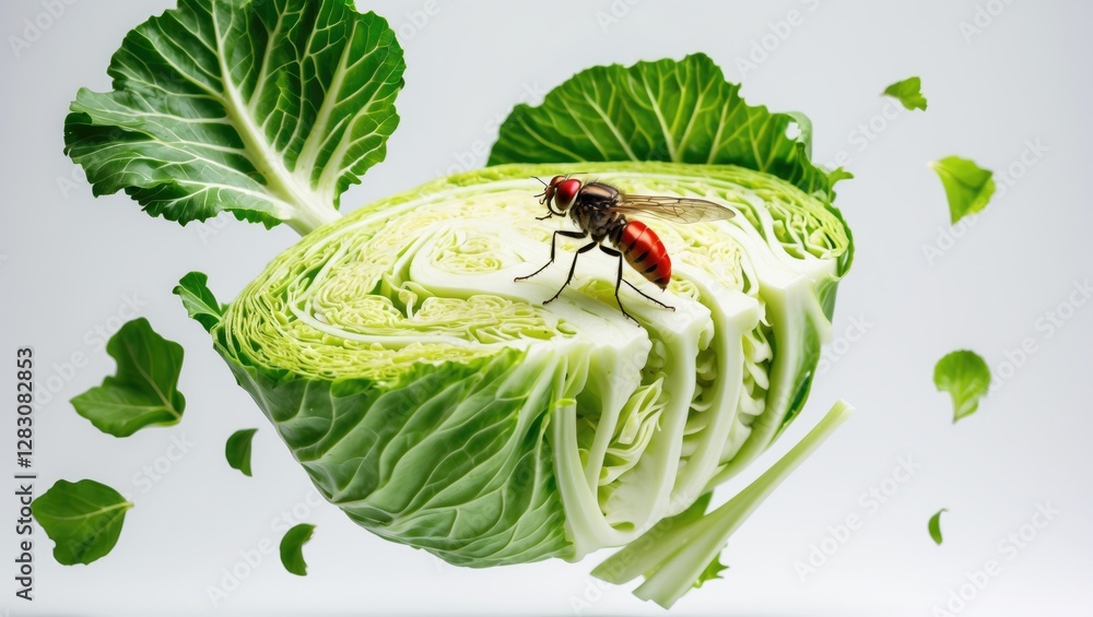 Poster cabbage fly hovering over sliced fresh cabbage with organic leaf texture on white background showcas