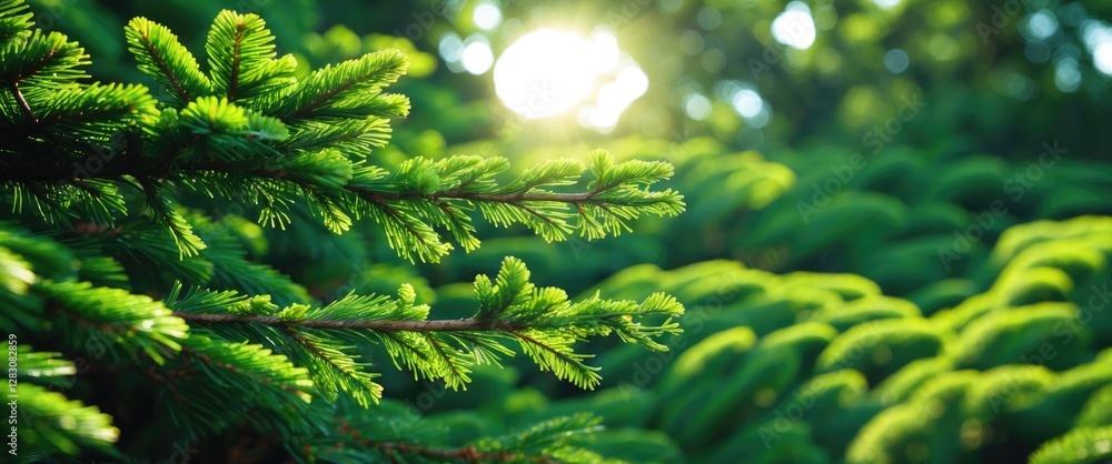 Poster closeup of vibrant green pine leaves illuminated by sunlight creating a serene backdrop for nature a