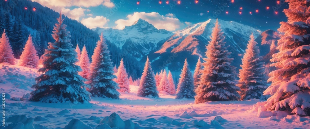 Poster winter wonderland landscape with snow-covered trees in the mountains illuminated by festive lights c
