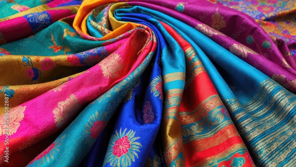 Poster vibrant assortment of silk and woolen fabrics showcasing intricate patterns and rich colors for text