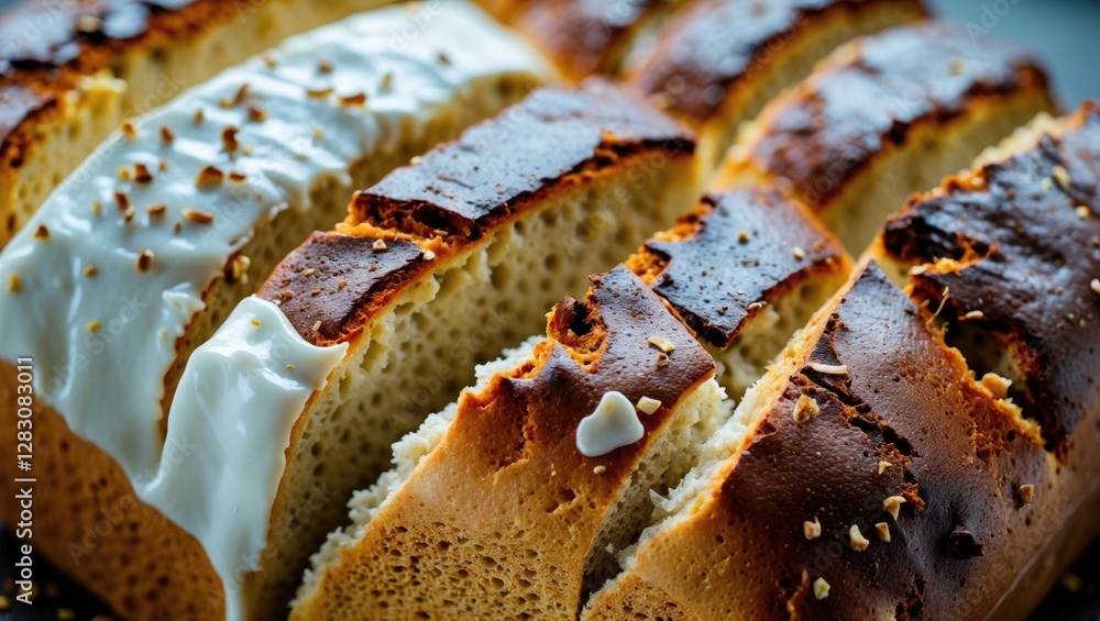 Poster closeup of freshly baked white and brown loaf showcasing texture and crust patterns on sliced bread 