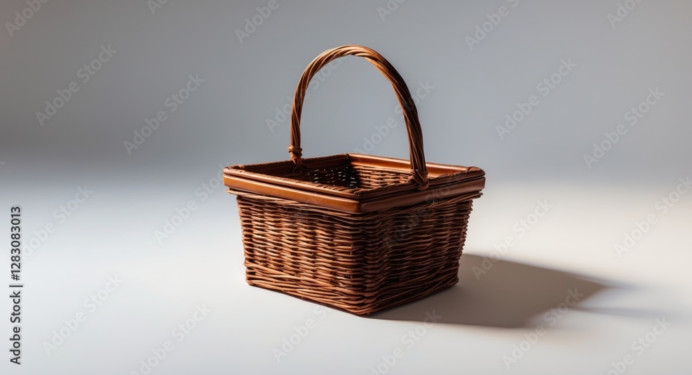 Poster brown wicker basket with square shape and handle on a light background with soft shadows.