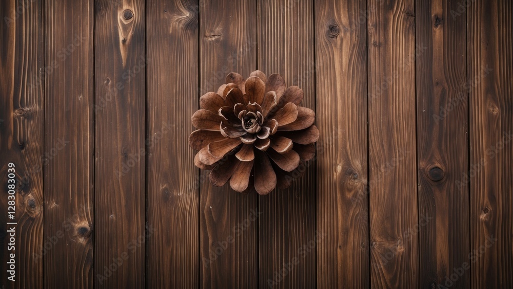 Poster large pine cone placed on rustic wooden background with smooth texture and warm tones
