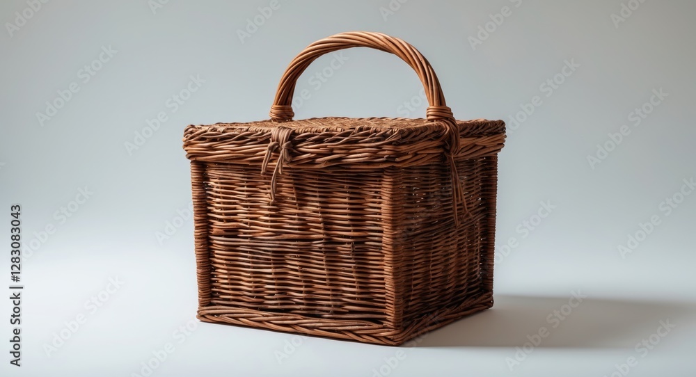Poster woven wicker storage basket with a handle displayed on a minimalistic background