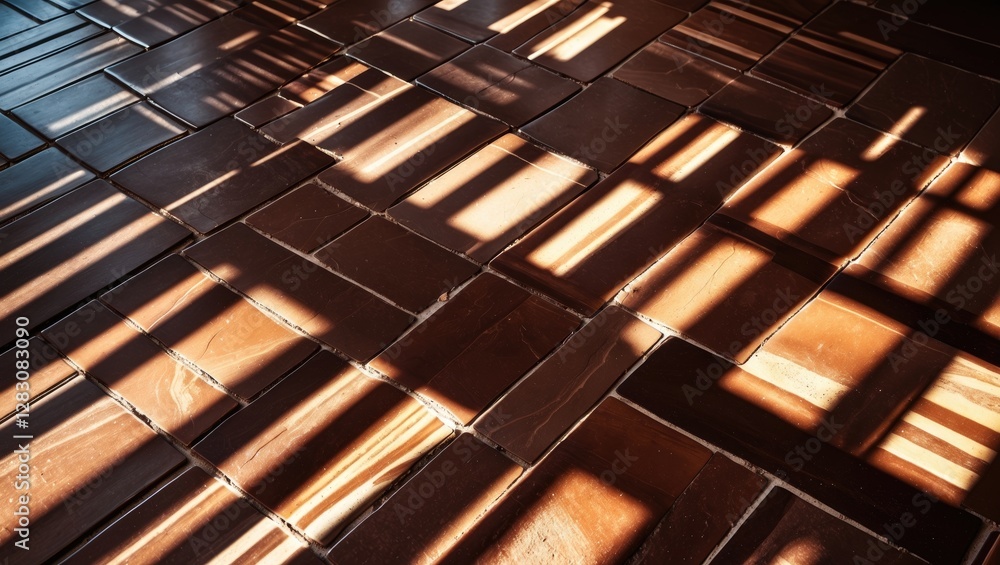 Poster interior floor with brown tiles illuminated by diagonal sunlight casting shadows and creating patter
