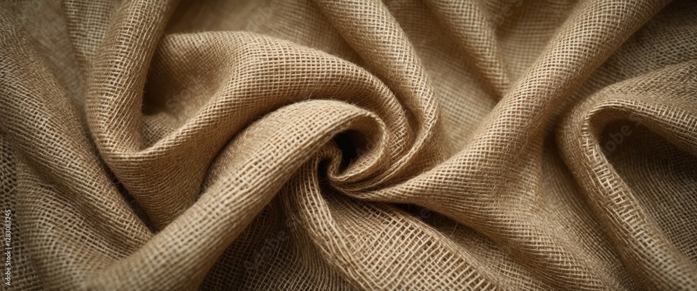 Poster close up of textured brown linen fabric with intricate weave pattern and natural folds creating a dy