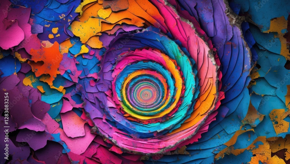 Poster Vibrant artistic spiral design featuring a kaleidoscope of colors and textured layers for creative backgrounds and visual projects