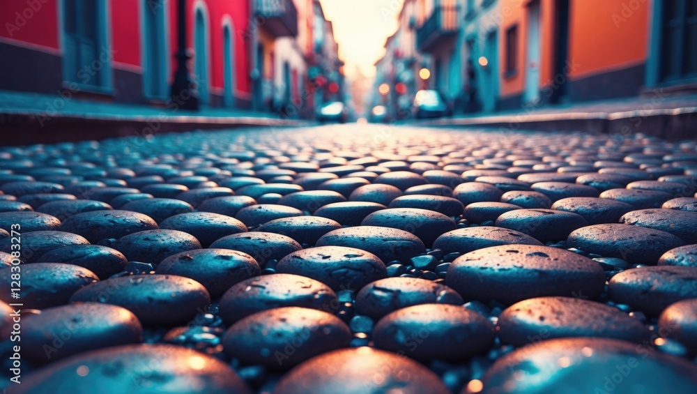 Poster cobbled street perspective showcasing vibrant colors and wet stones illuminated by soft evening ligh