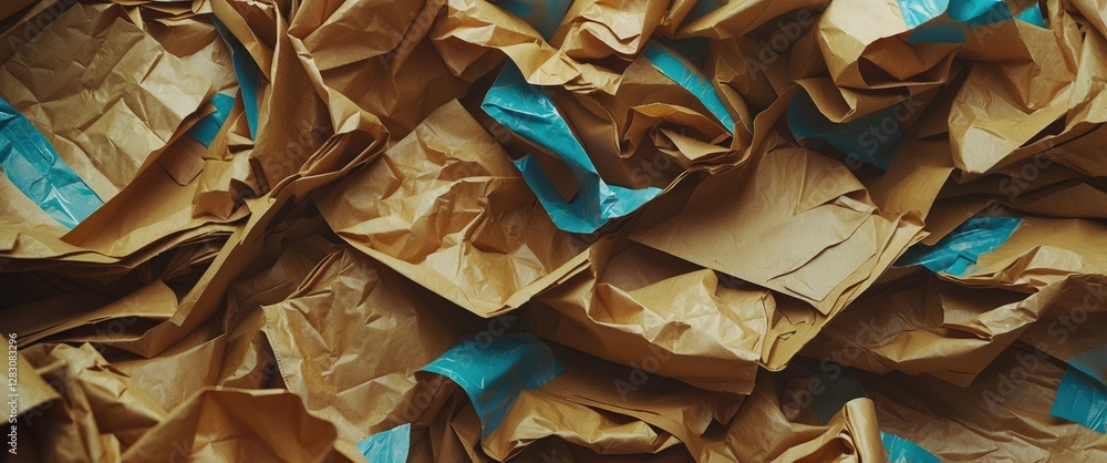 Poster crumbled brown packing paper with blue tape scattered in a chaotic layout creating a textured backgr