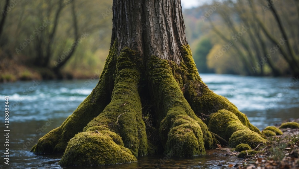 Poster moss-covered tree roots by a tranquil river showcasing nature's beauty and serenity in a captivating