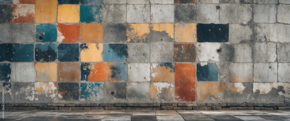 Aufkleber Weathered concrete wall with colorful abstract patterns and textures, suitable for artistic backgrounds and design projects.