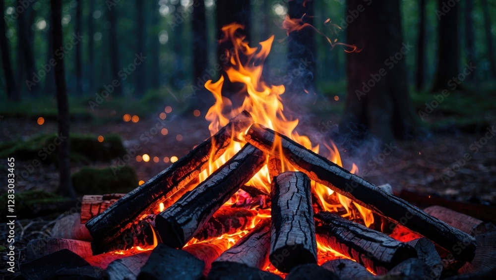 Aufkleber Intimate view of a vibrant bonfire surrounded by trees creating a warm and inviting atmosphere in a serene forest setting.