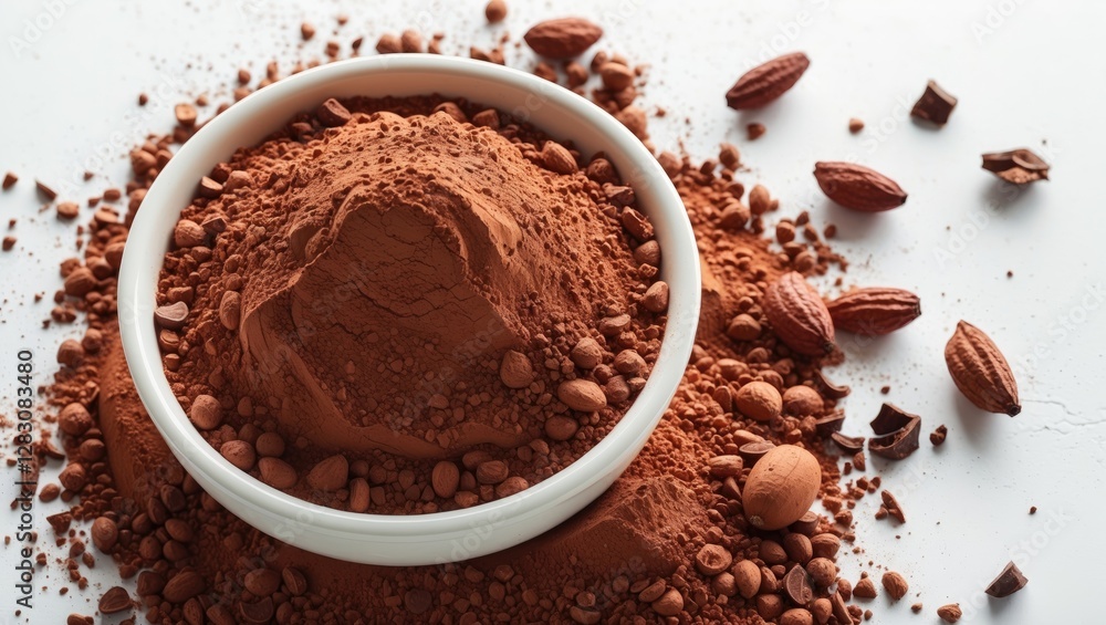 Aufkleber Cocoa powder in a bowl surrounded by cocoa beans and scattered powder on a plain white background suitable for culinary and baking themes.