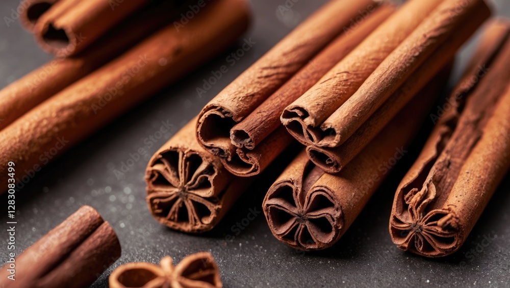 Poster Cinnamon sticks arranged artistically on a dark background showcasing their texture and intricate inner patterns