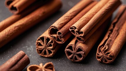 Cinnamon sticks arranged artistically on a dark background showcasing their texture and intricate inner patterns