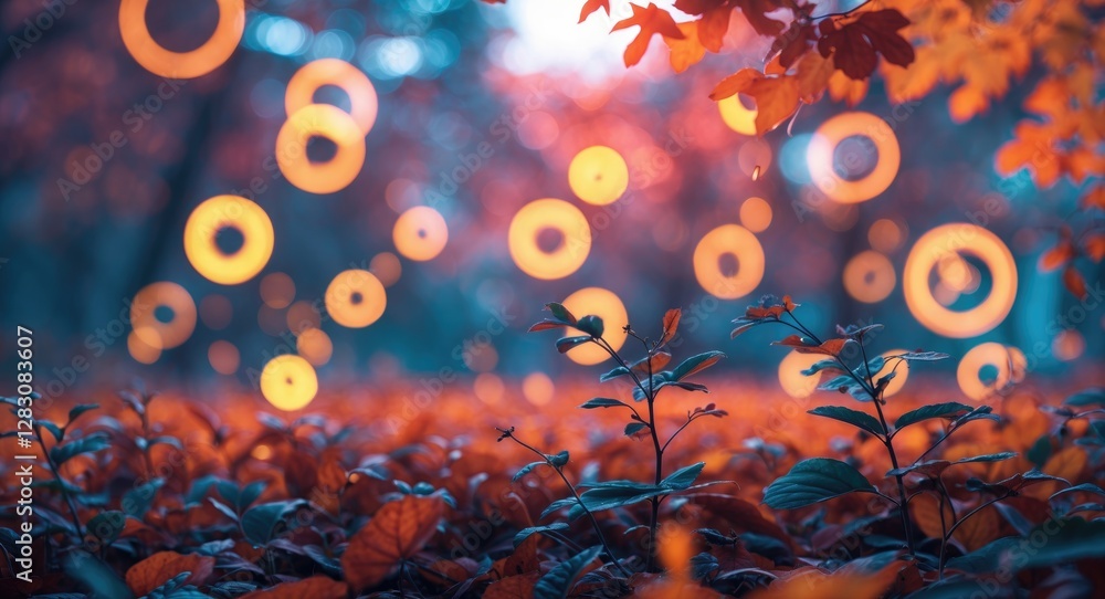 Aufkleber Bokeh effect with circular light patterns on vibrant autumn foliage creating a dreamlike atmosphere in nature.
