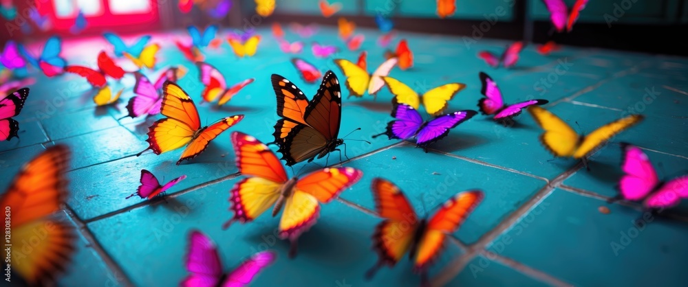 Aufkleber Vibrant butterflies in motion on a turquoise floor creating a dynamic and colorful scene with selective focus.