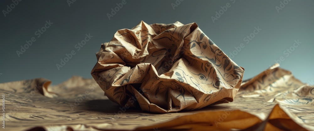 Poster crumpled decorative paper with intricate patterns on a textured surface background in a studio setti