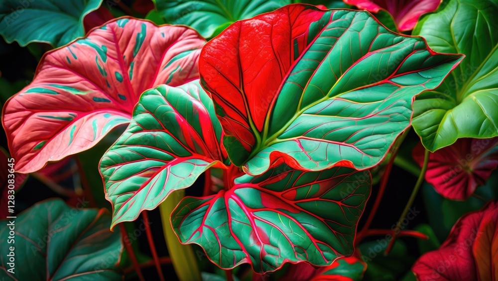 Poster Vibrant Caladium Leaves Displaying Striking Red and Green Patterns in a Lush Tropical Setting