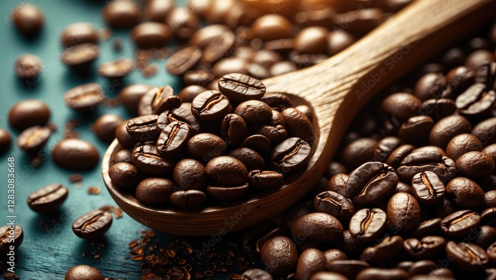 Poster close up of roasted coffee beans in a wooden spoon with scattered beans on a rustic wooden surface c