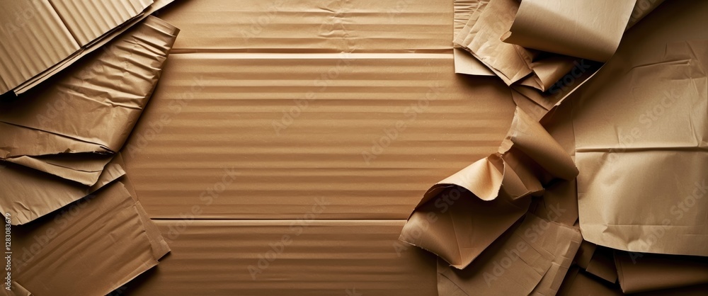 Poster brown cardboard texture with crumpled and flat sheets arranged on a surface, creating negative space