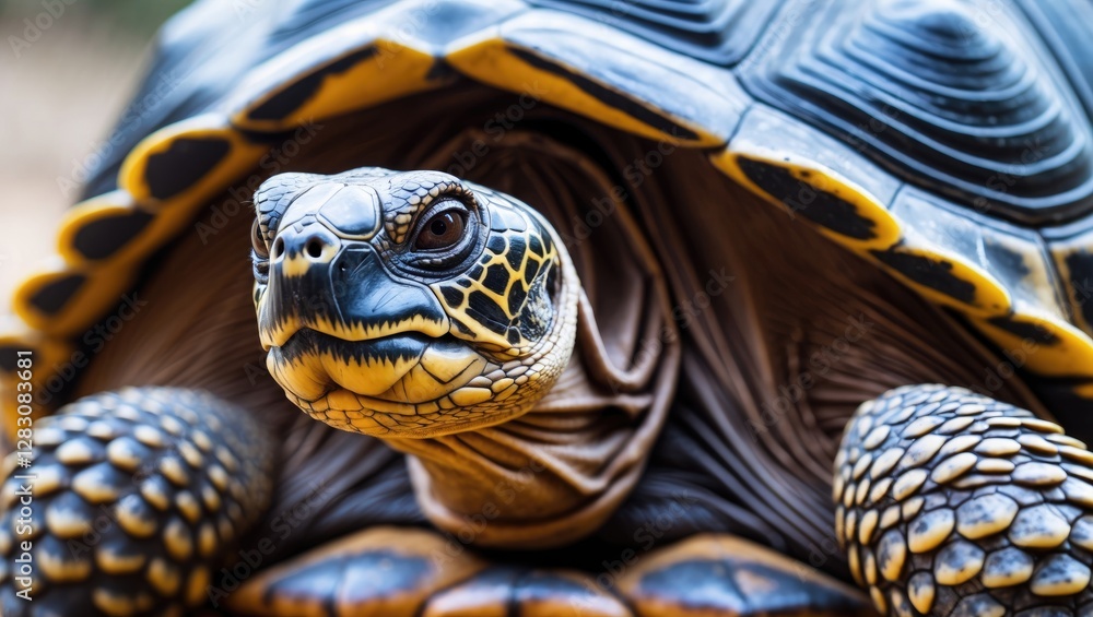 Poster Detailed close-up of a tortoise showcasing the intricate textures and patterns of its carapace with a vibrant color palette.