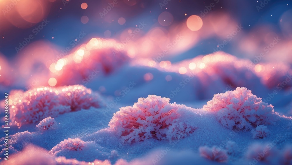 Aufkleber Delicate close-up of textured snow with subtle hues and glimmers, creating a serene winter background atmosphere.
