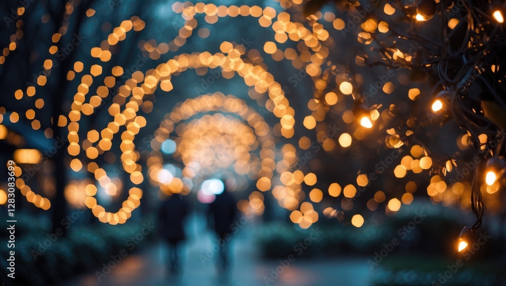 Poster Festive circular bokeh background featuring glowing Christmas lights creating a magical atmosphere in a winter evening setting.