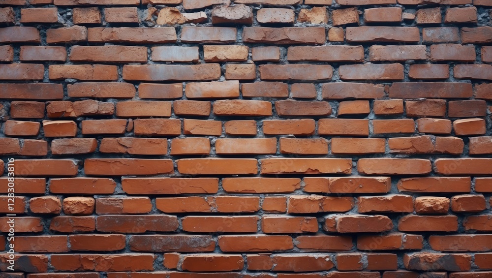 Poster red brick wall with uneven surface and varying textures and colors in an urban setting