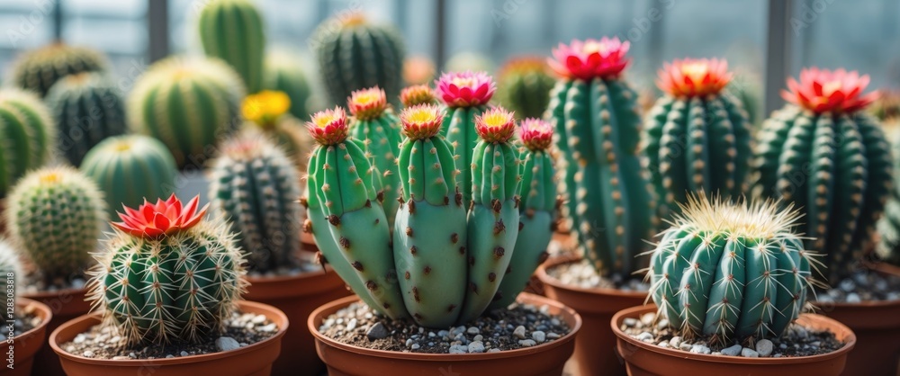 Poster vibrant succulent cacti in pots under bright sunlight in a greenhouse displaying diverse colors and 