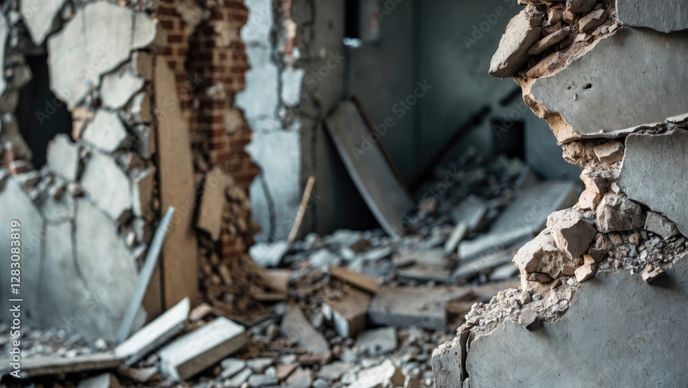 Poster close-up of a crumbling wall and debris highlighting destruction and decay in an abandoned interior 