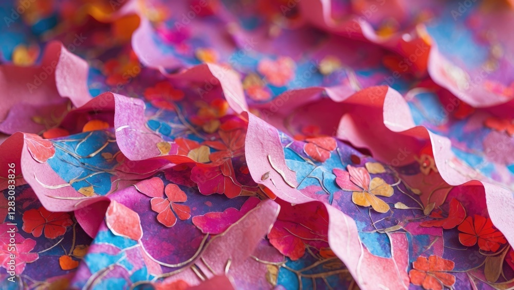 Aufkleber Colorful closeup of handmade mulberry paper texture featuring vibrant floral patterns and rippled edges creating an abstract background effect.