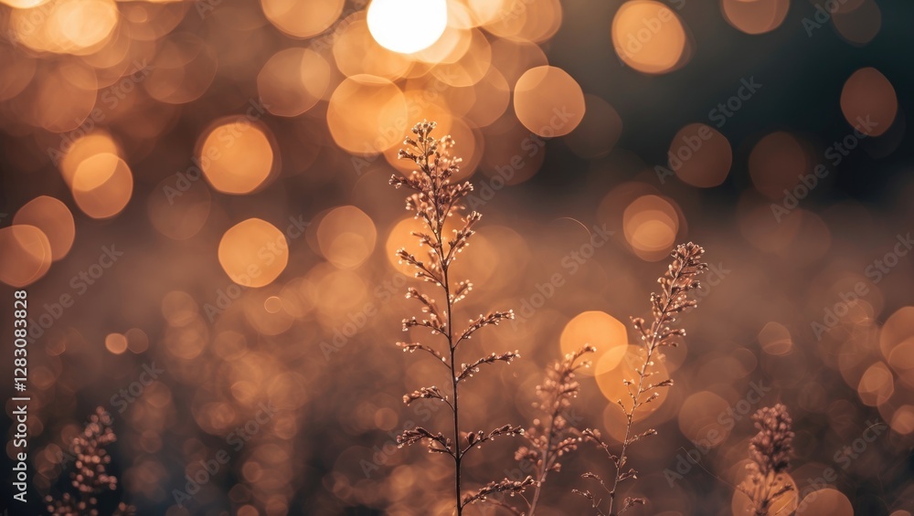 Poster close-up of delicate grass with dew drops illuminated by soft warm light and blurred bokeh backgroun