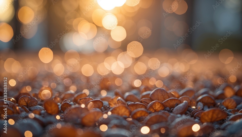 Aufkleber brown nuts or seeds scattered on the ground with blurred background and bokeh effect created by sunl