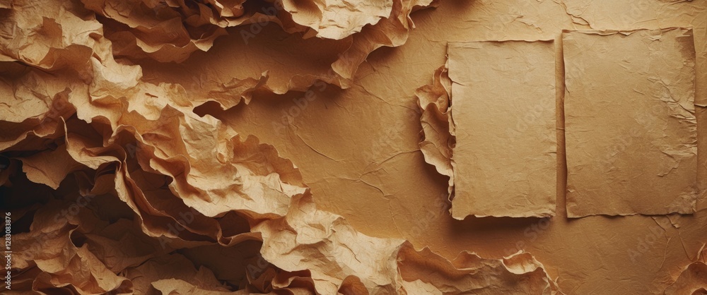 Poster textured brown craft paper background with crumpled sheets and empty space for design or text insert