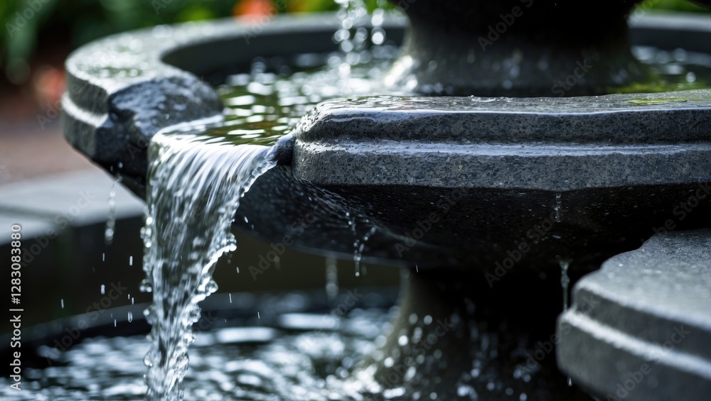 Poster close-up view of water cascading over a dark cement fountain edge creating a serene and tranquil out