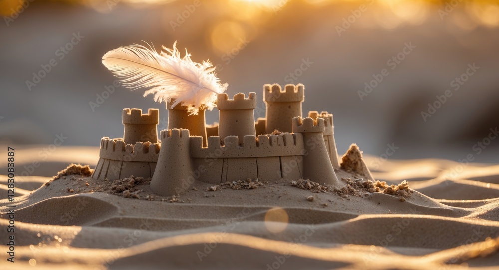 Aufkleber Sand Castle Closeup with Feather at Sunset Soft Light and Empty Text Space for Creative Concepts and Summer Backgrounds