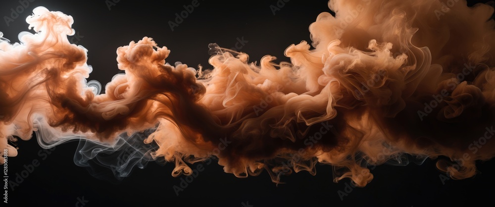 Poster brown and gray smoke clouds on a black background with swirling patterns and texture in abstract art