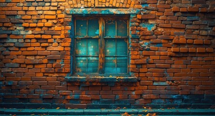 Vintage brick wall with an old window frame showing weathered texture and blue-green hues in an urban setting