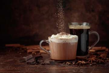 Hot chocolate with whipped cream and black coffee.