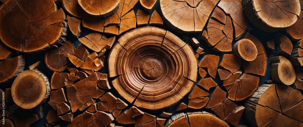 Poster wooden tree rings and slices of various sizes arranged in a textured pattern on a dark background