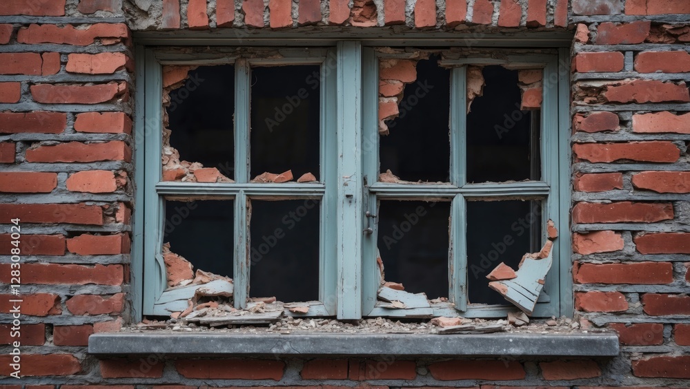 Poster close-up of a dilapidated window shutter with broken bricks and peeling paint on an aging brick wall