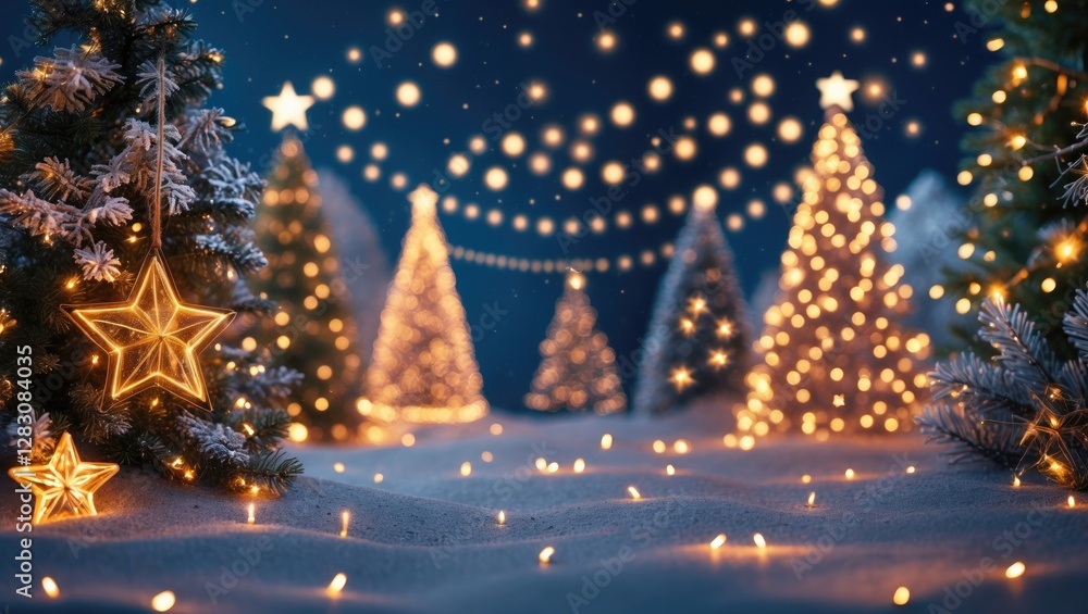 Poster elegant christmas scene with illuminated trees, twinkling lights, and soft snow creating a magical h