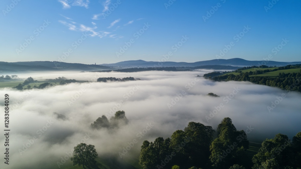 Poster above the rolling hills, a stunning vista unfolds as a thick layer of clouds blankets the valley. su