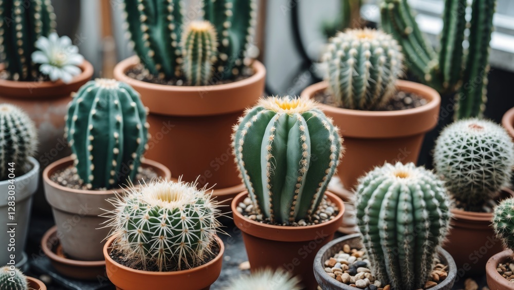 Poster Variety of Cacti in Pots in a Botanical Garden Setting with Natural Light and Empty Copy Space for Text or Branding